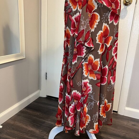 Bandolino Brown Floral Cowl Neck Ruffle Maxi Dress, Size 6 - Picture 10 of 15